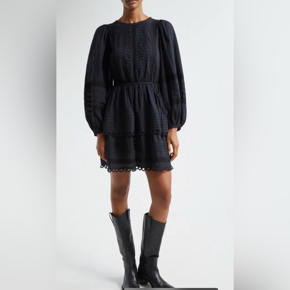 Farm Rio Pintuck & Lace Detail Long Sleeve Cotton Minidress  sz M